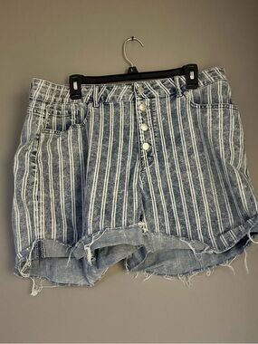 Jordache Striped High-Rise Button-Front Distressed Denim Shorts in Blue